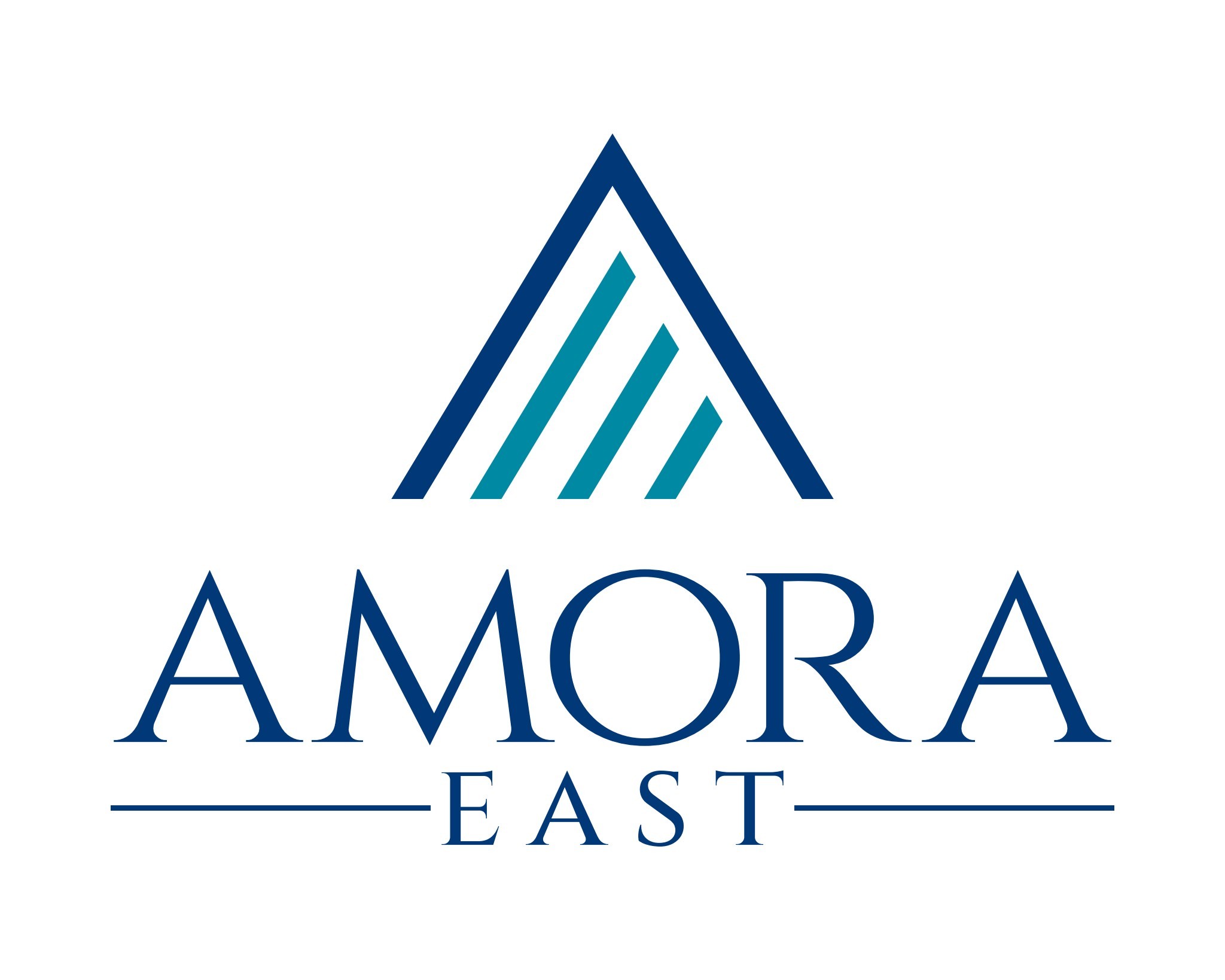 A logo with the words "Amora East" in blue.
